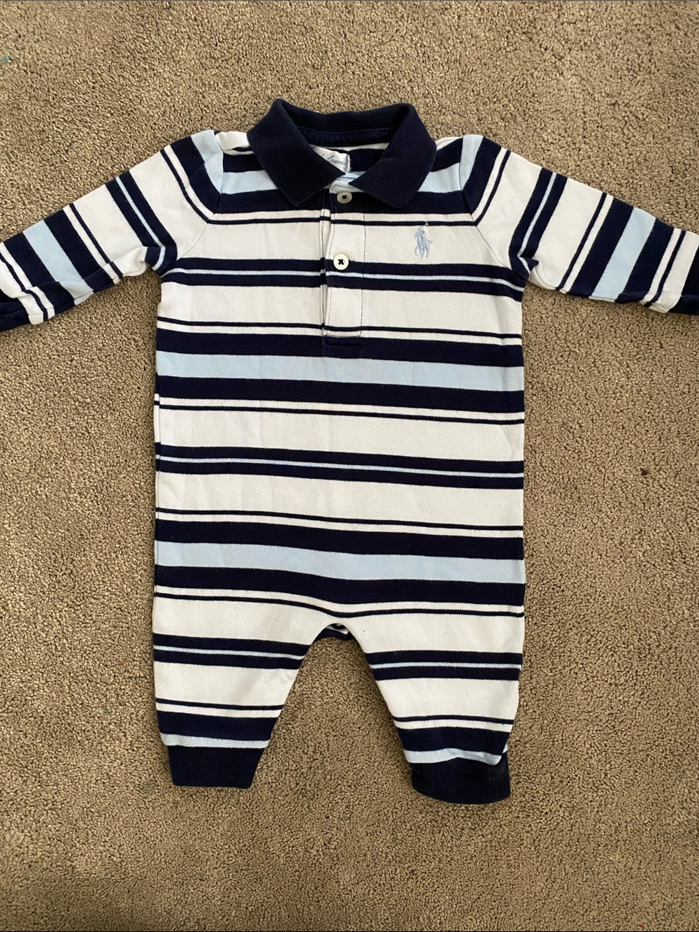 Ralph Lauren Navy, Light Blue & White Striped Polo One-Piece